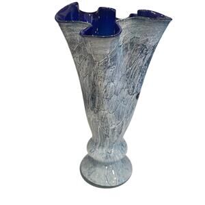 Krosno Jozefina Blue Marbled Vase Glass‎ Triple Cased Handkerchief